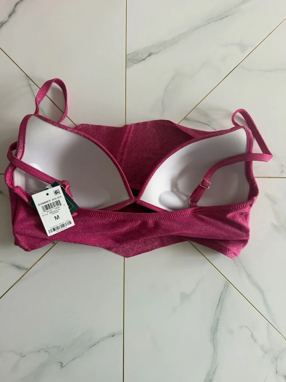 Macy’s NWT sparkly pink bikini top/ swimwear with open back and cowl neck size M